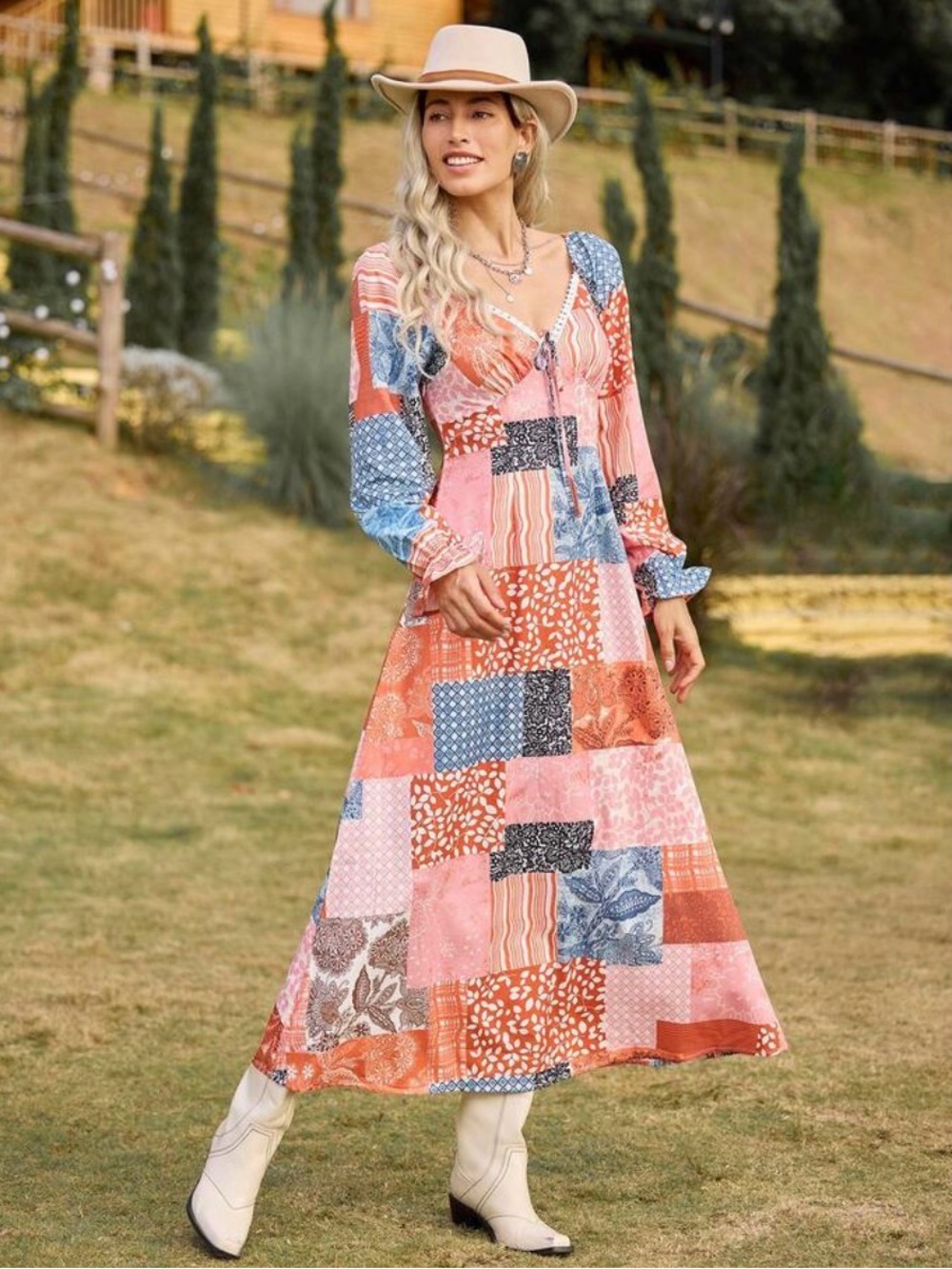 SHEIN Coral, Pink & Blue Patchwork Midi Dress
